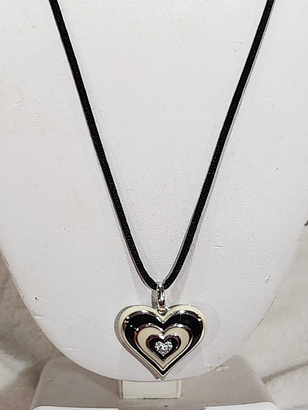 EMA Sterling Silver Enamel Heart Necklace with Silk Cord